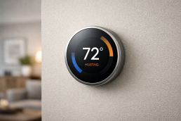 Smart thermostat on textured wall