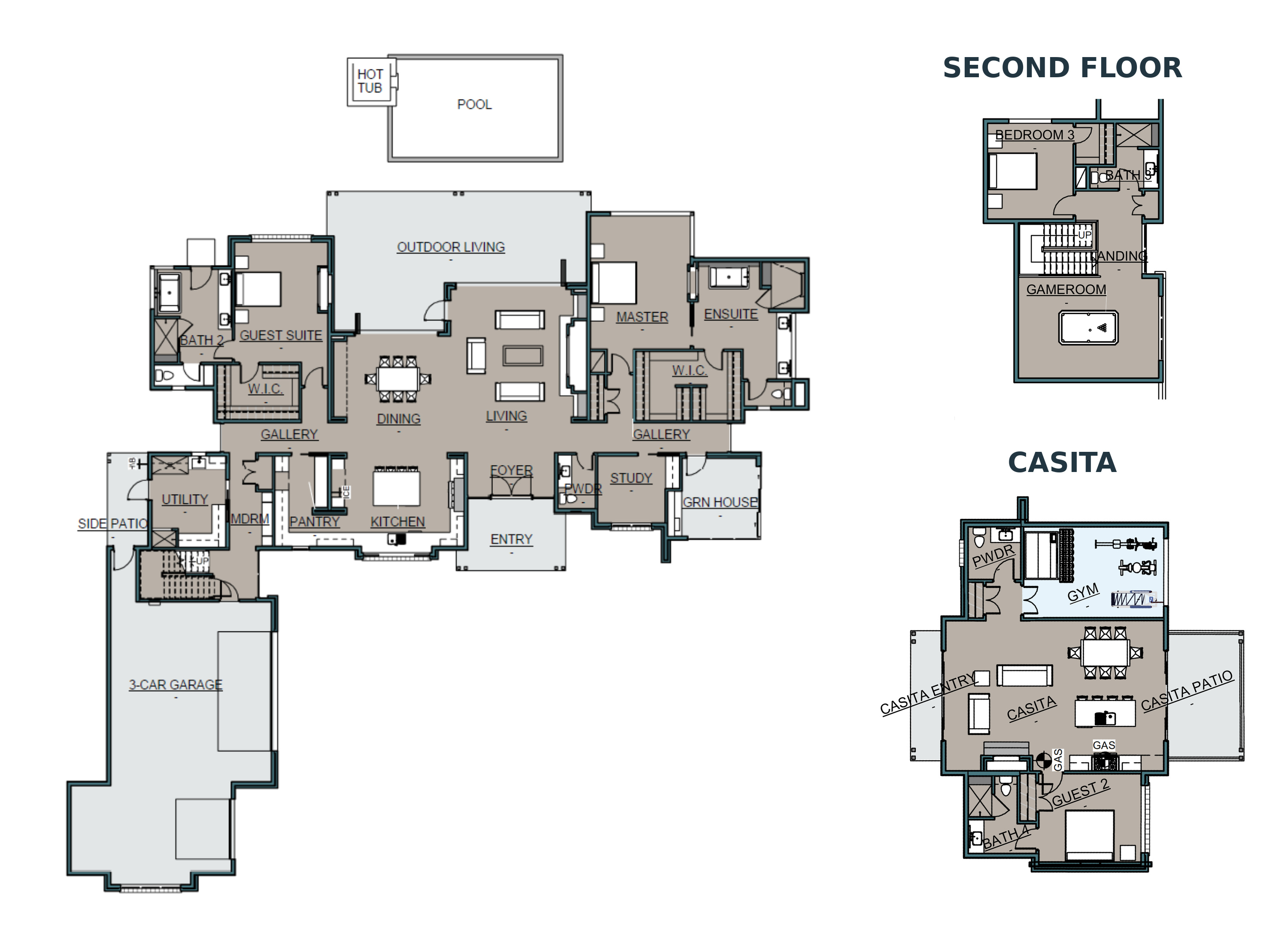 Architect's floor plan of the Blanco home, including the main floor, second floor, and casita